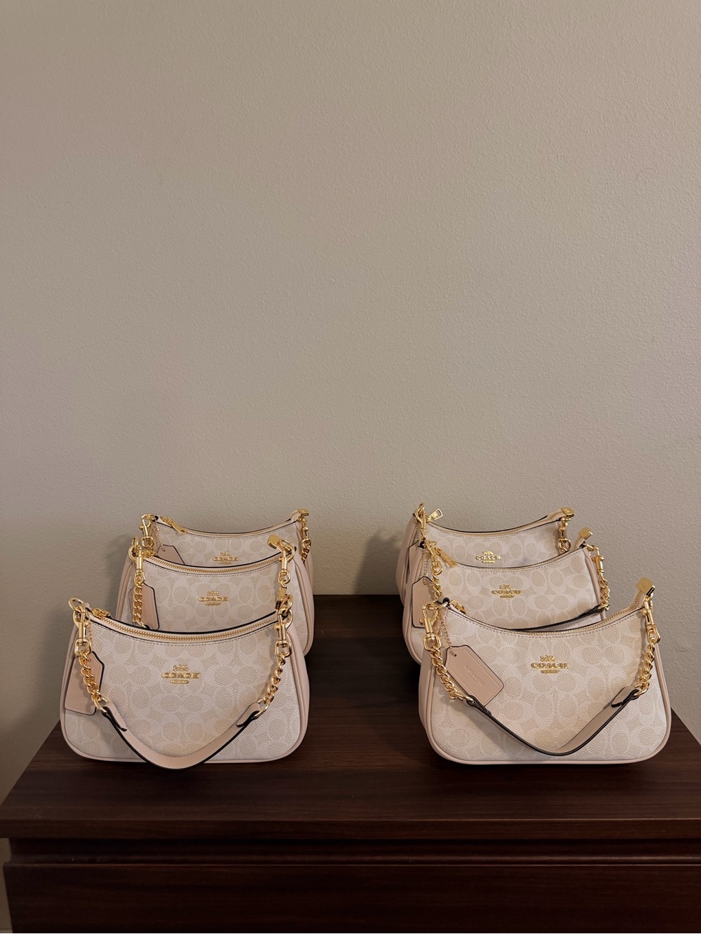 Coach Pebble Signature Cream Shoulder Bag with Gold Chain